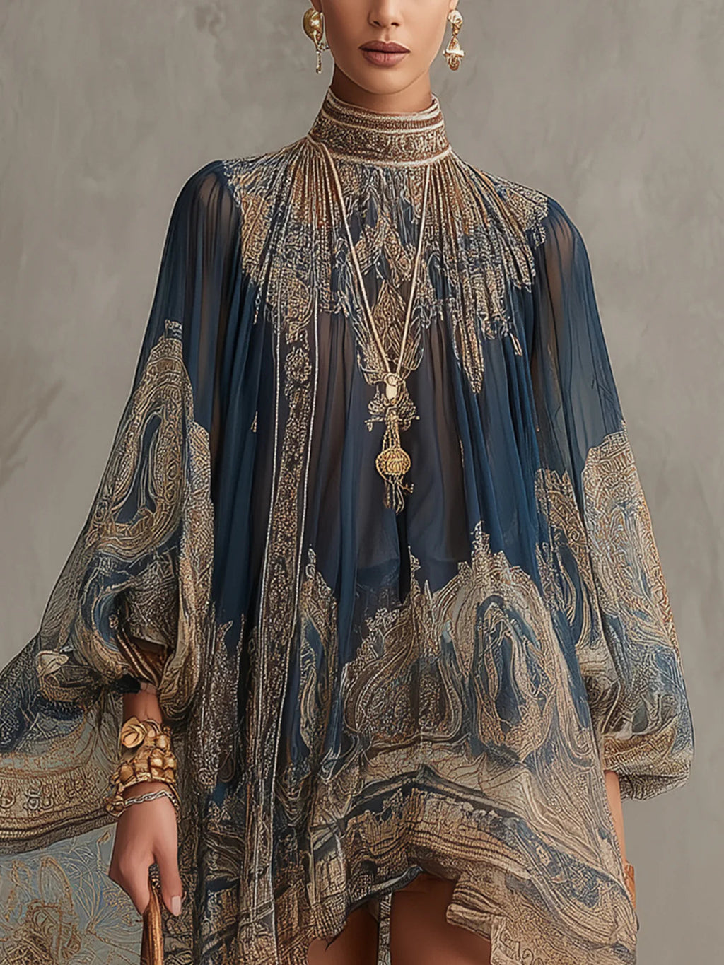 Agathe | Vestido corto asimétrico de muselina azul marino con cuello alto y estampado barroco