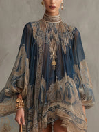 Agathe | Vestido corto asimétrico de muselina azul marino con cuello alto y estampado barroco