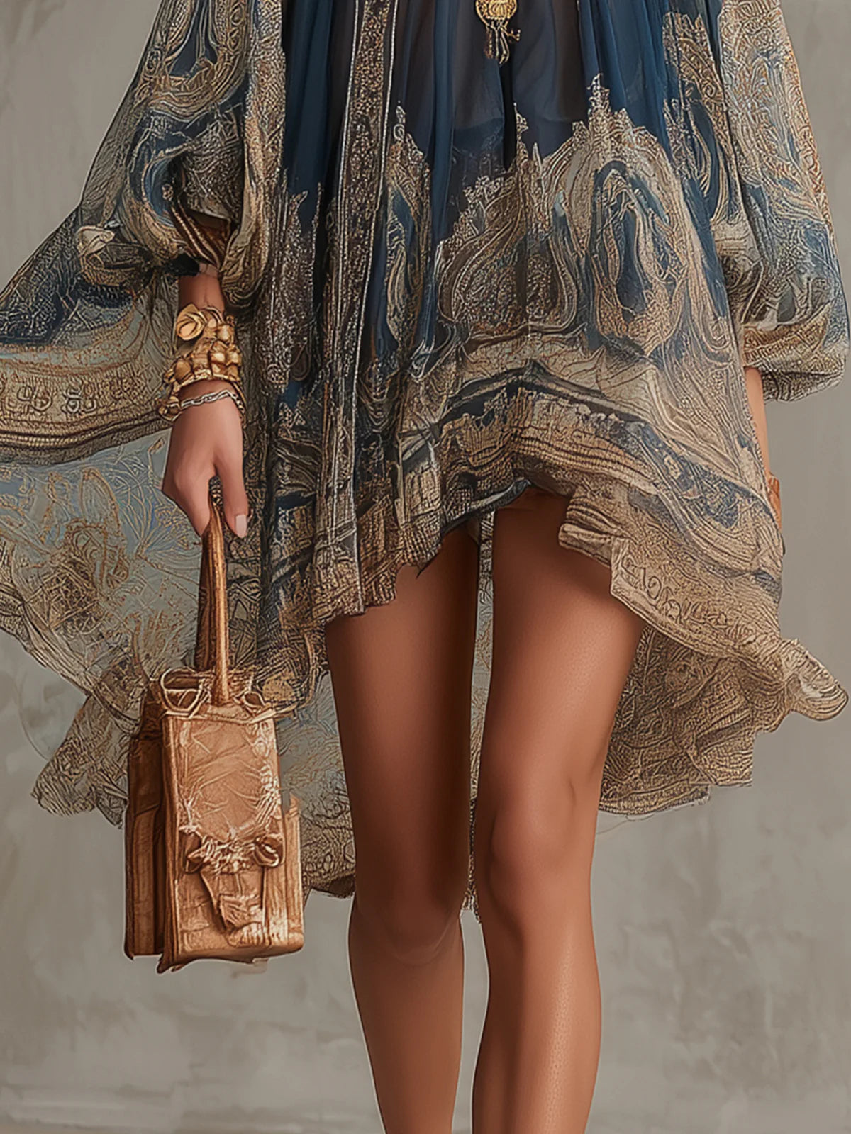 Agathe | Vestido corto asimétrico de muselina azul marino con cuello alto y estampado barroco