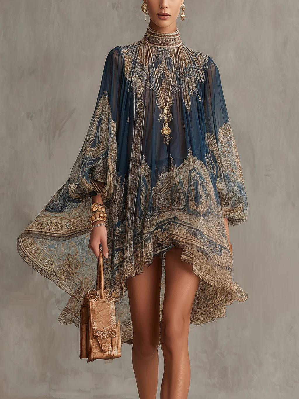 Agathe | Vestido corto asimétrico de muselina azul marino con cuello alto y estampado barroco