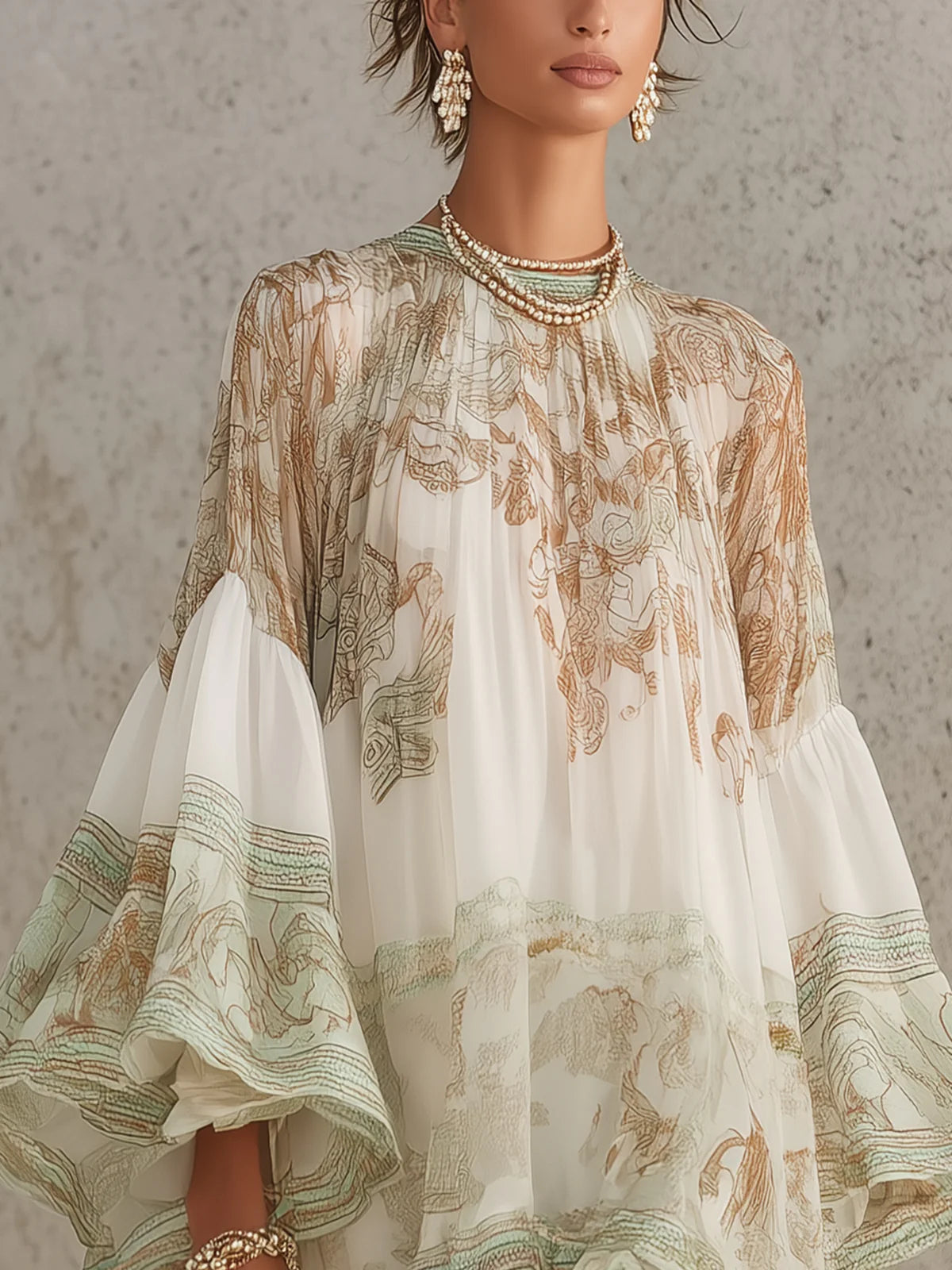 Solange | Vestido corto asimétrico de muselina verde con volantes y mangas acampanadas