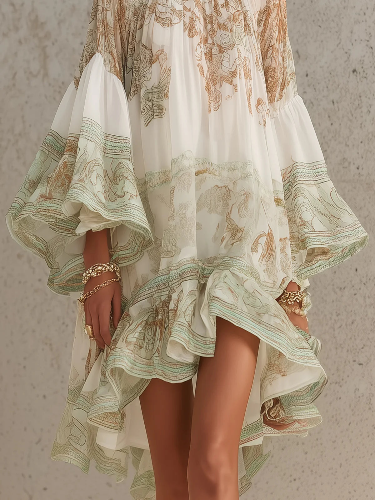 Solange | Vestido corto asimétrico de muselina verde con volantes y mangas acampanadas