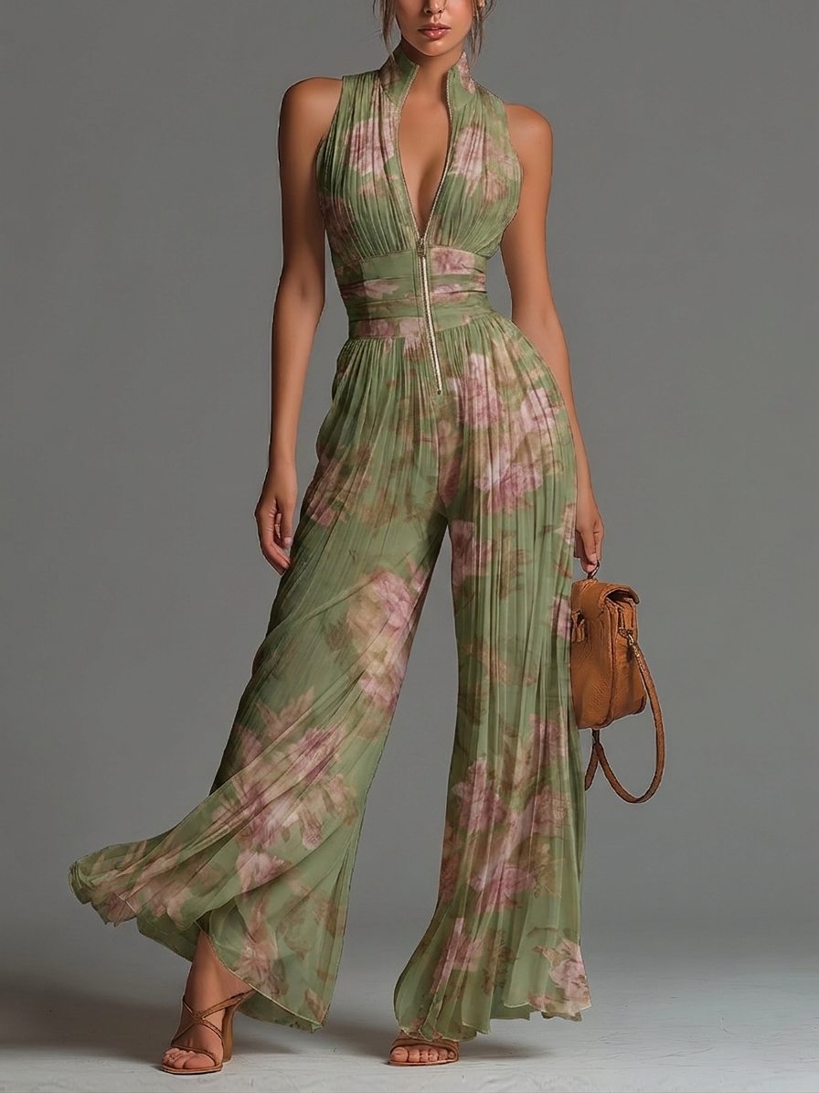 Charlotte™ | Mono holgado plisado con estampado de flores verdes