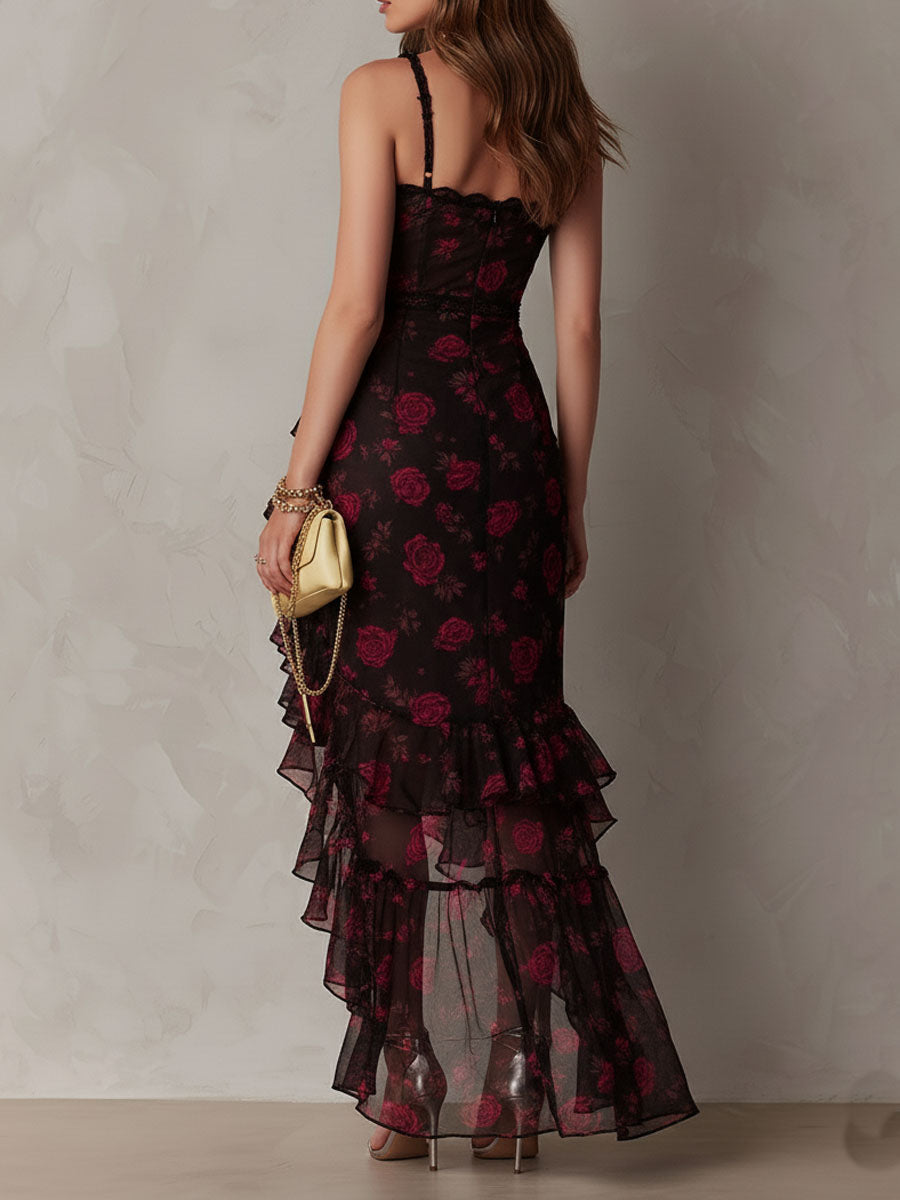 Edith | Vestido corto drapeado negro y rojo con estampado floral y dobladillo con volantes