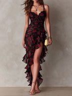 Edith | Vestido corto drapeado negro y rojo con estampado floral y dobladillo con volantes