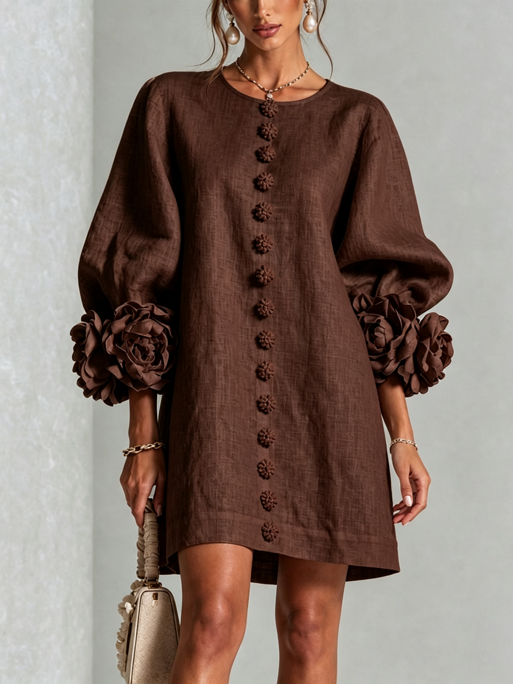 Brune | Robe courte en lin mélangé à manches bouffantes