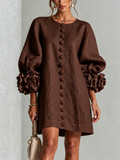 Brune | Robe courte en lin mélangé à manches bouffantes