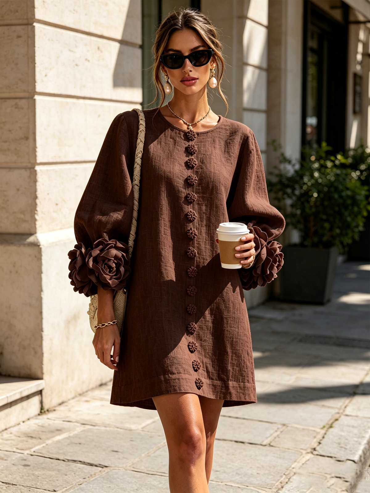 Brune | Robe courte en lin mélangé à manches bouffantes