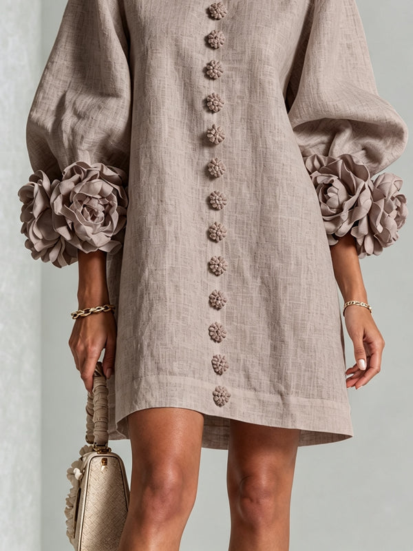 Brune | Robe courte en lin mélangé à manches bouffantes — Taupe Champignon