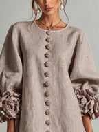 Brune | Robe courte en lin mélangé à manches bouffantes — Taupe Champignon