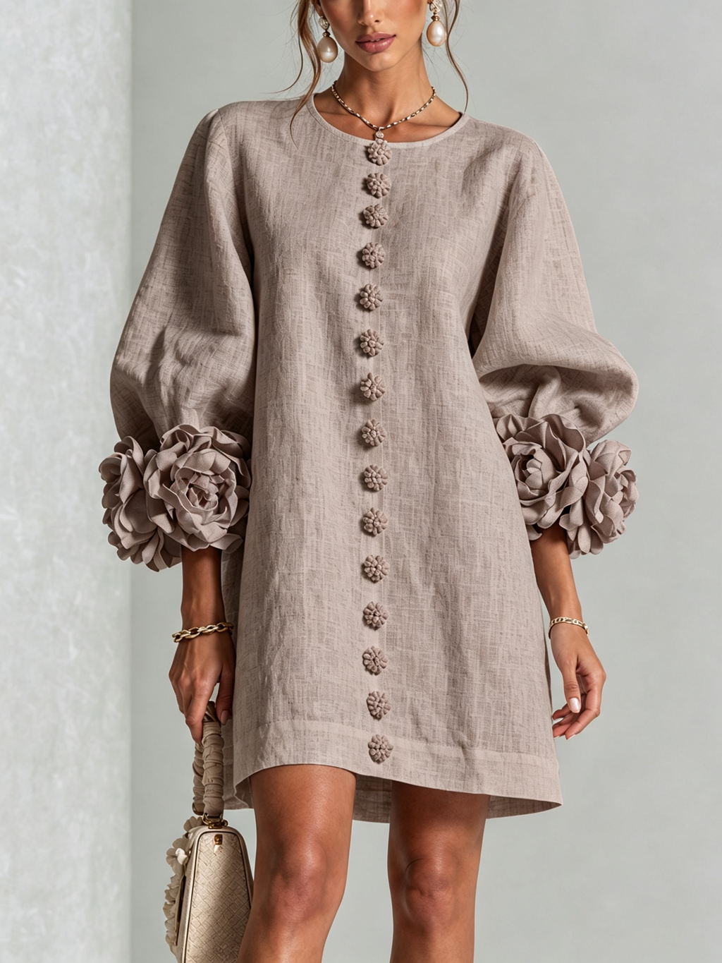 Brune | Robe courte en lin mélangé à manches bouffantes
