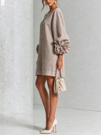 Brune | Robe courte en lin mélangé à manches bouffantes