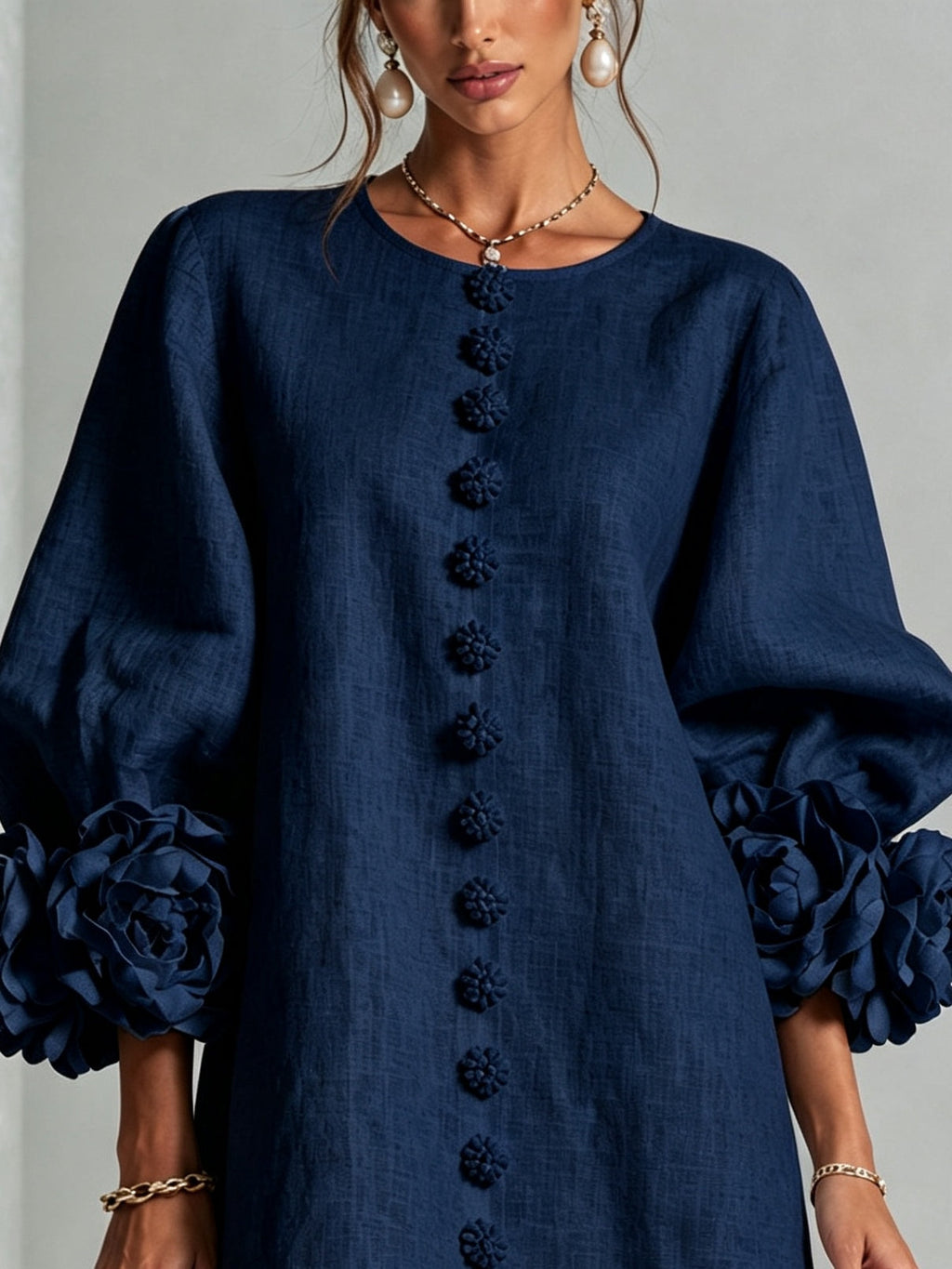 Brune | Robe courte en lin mélangé à manches bouffantes — Marine