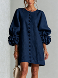 Brune | Robe courte en lin mélangé à manches bouffantes — Marine