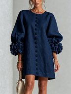 Brune | Robe courte en lin mélangé à manches bouffantes — Marine