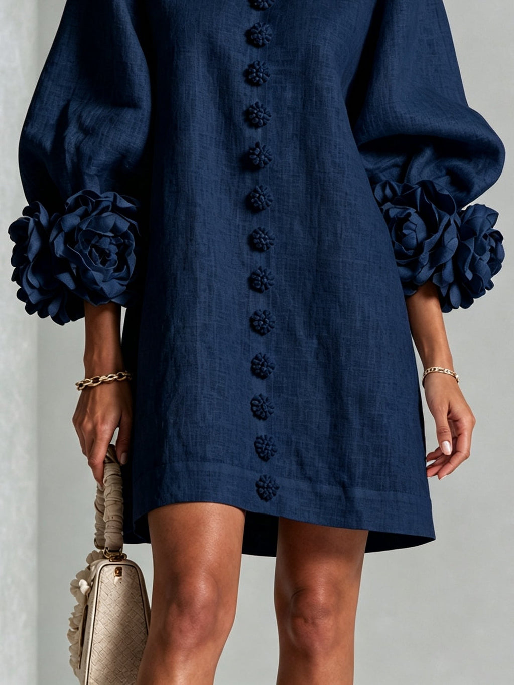 Brune | Robe courte en lin mélangé à manches bouffantes — Marine