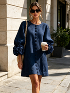 Brune | Robe courte en lin mélangé à manches bouffantes — Marine
