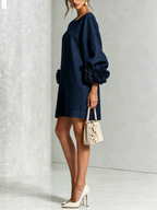 Brune | Robe courte en lin mélangé à manches bouffantes