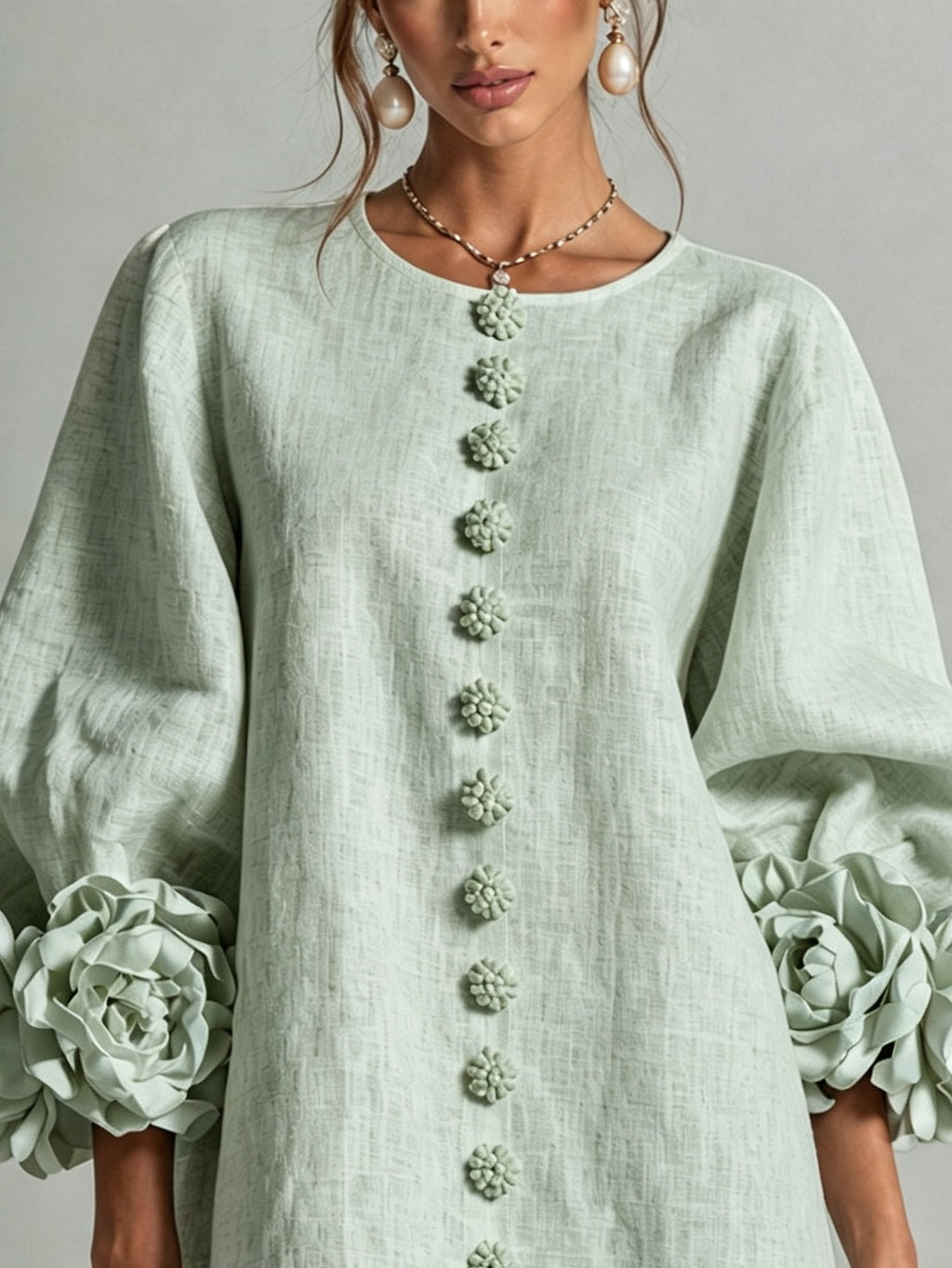 Brune | Robe courte en lin mélangé à manches bouffantes — Sage Mist
