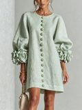Brune | Robe courte en lin mélangé à manches bouffantes — Sage Mist