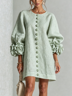Brune | Robe courte en lin mélangé à manches bouffantes — Sage Mist