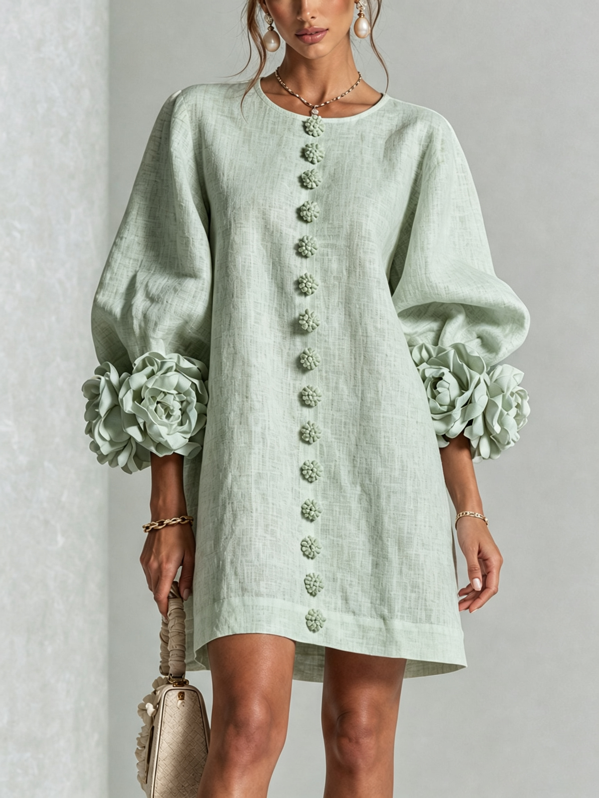 Brune | Robe courte en lin mélangé à manches bouffantes — Sage Mist