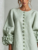Brune | Robe courte en lin mélangé à manches bouffantes — Sage Mist