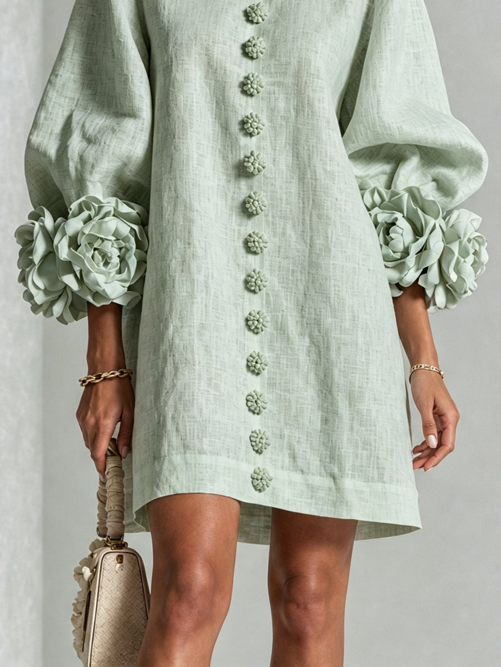 Brune | Robe courte en lin mélangé à manches bouffantes — Sage Mist