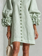 Brune | Robe courte en lin mélangé à manches bouffantes — Sage Mist