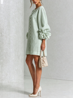 Brune | Robe courte en lin mélangé à manches bouffantes — Sage Mist