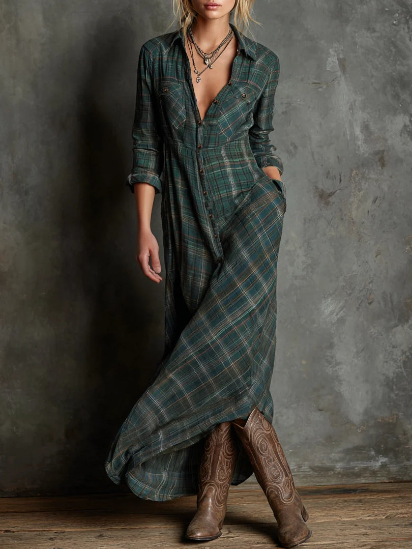 Margherita | Vestido camisero largo de cuadros verdes