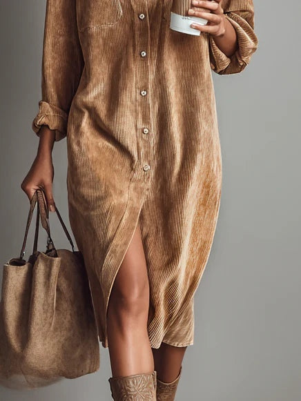 Beatrice | Vestido midi de pana con bolsillos y cierre de un botón
