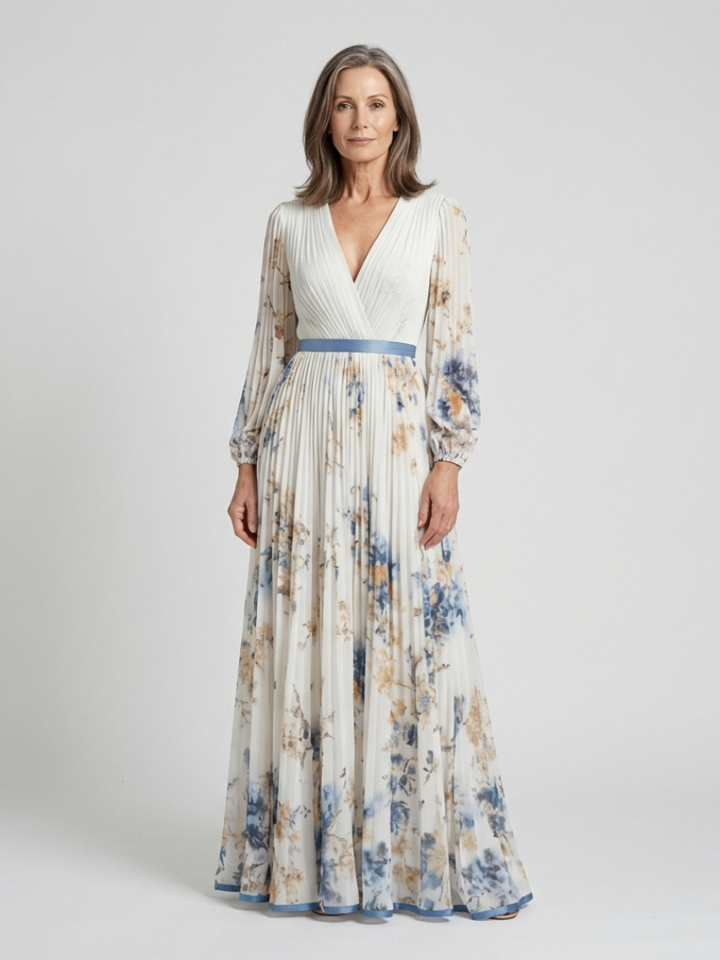 Lavinia | Vestido largo de manga larga con cuello en V y estampado floral