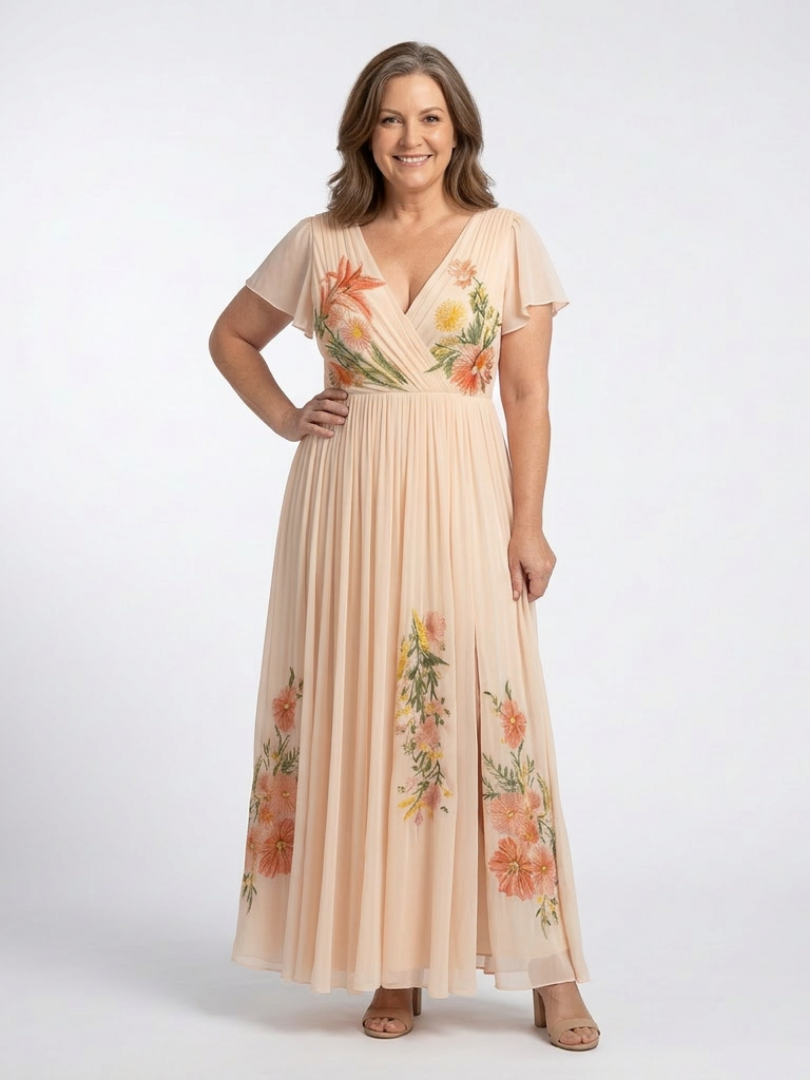 Calista | Vestido largo floral plisado de manga corta y cuello en V