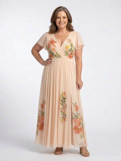 Calista | Vestido largo floral plisado de manga corta y cuello en V