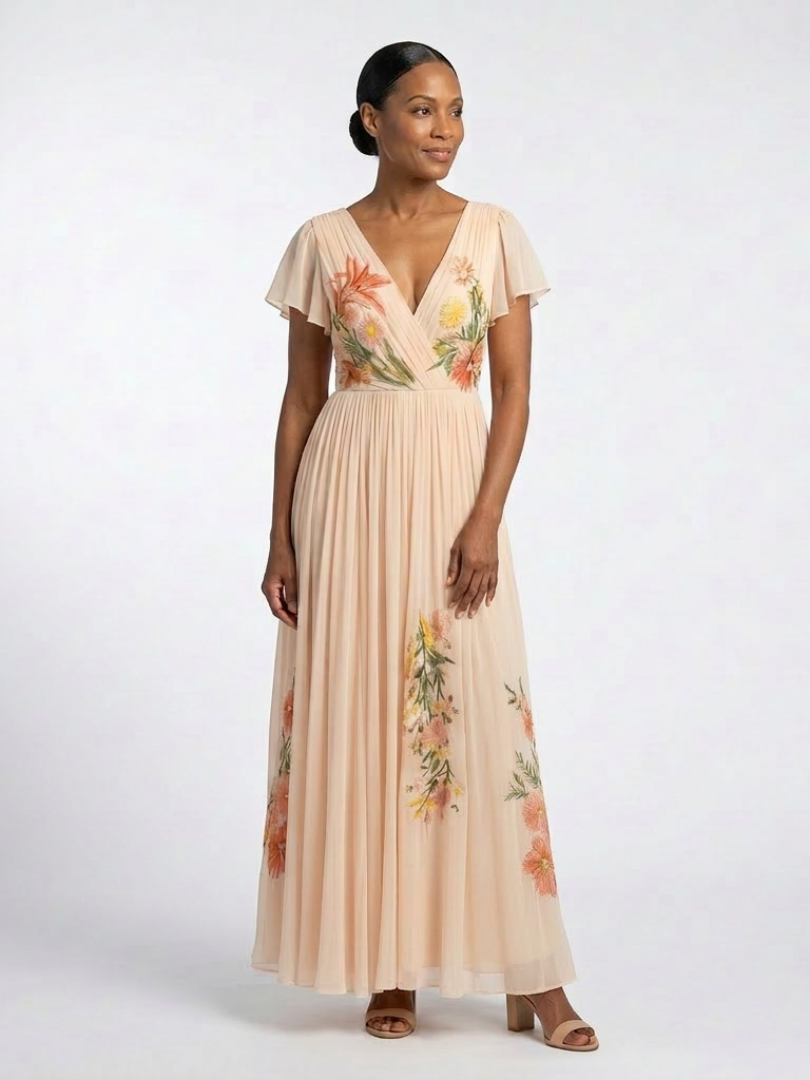 Calista | Vestido largo floral plisado de manga corta y cuello en V