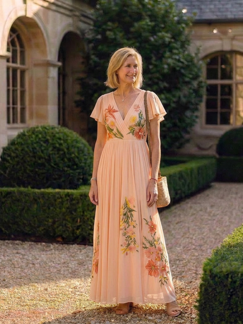 Calista | Vestido largo floral plisado de manga corta y cuello en V