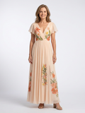 Calista | Vestido largo floral plisado de manga corta y cuello en V