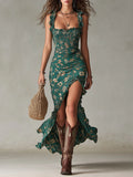 Zara™ | Vestido largo de estilo bohemio con fruncidos, estampado floral y abertura lateral