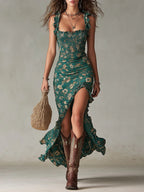 Zara™ | Vestido largo de estilo bohemio con fruncidos, estampado floral y abertura lateral