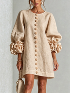 Brune | Robe courte en lin mélangé à manches bouffantes — Beige