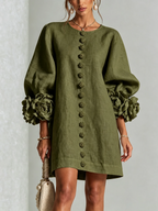 Brune | Robe courte en lin mélangé à manches bouffantes — Vert olive