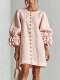 Brune | Robe courte en lin mélangé à manches bouffantes — Rose