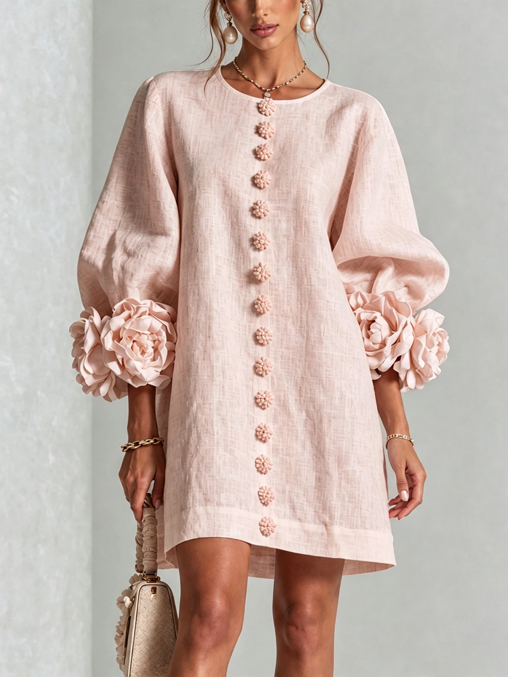 Brune | Robe courte en lin mélangé à manches bouffantes