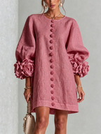 Brune | Robe courte en lin mélangé à manches bouffantes