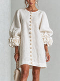 Brune | Robe courte en lin mélangé à manches bouffantes — Blanc