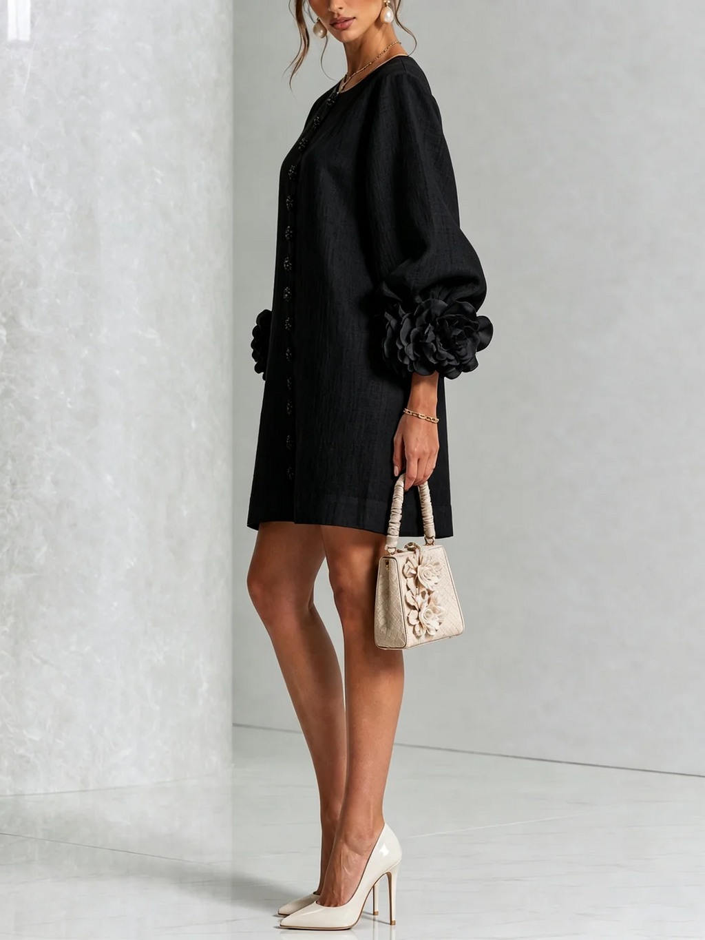 Brune | Robe courte en lin mélangé à manches bouffantes