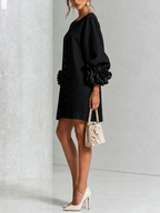 Brune | Robe courte en lin mélangé à manches bouffantes — Noir