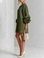 Brune | Robe courte en lin mélangé à manches bouffantes — Vert olive