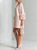 Brune | Robe courte en lin mélangé à manches bouffantes